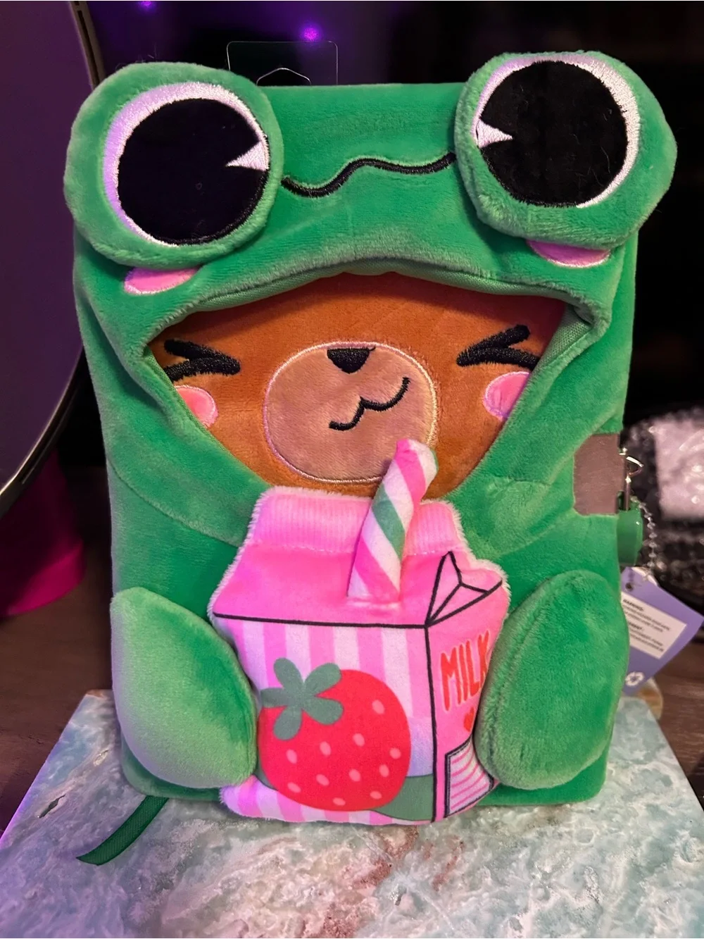 Green Frog Plush Kids Diary with Strawberry Milk Carton lock and key